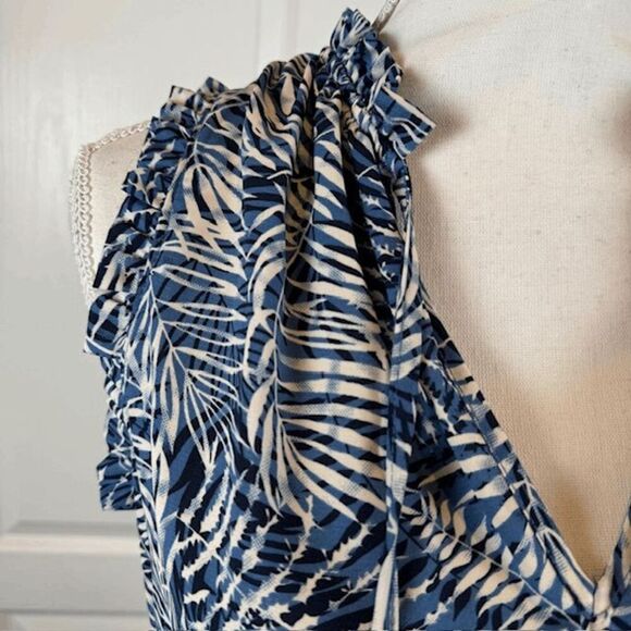 Fab'rik Tiered Mini Dress Blue Tropical Palm Leaf Print Elastic Waist Size Small - Picture 2 of 10